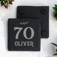 Personalised Elegant 70th Birthday Slate Stone Drink Coaster With any Name