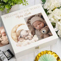Personalised White Baby Memory Box, Cute Sleeping Animal Design, Keepsake For Special and Favourite Mementos