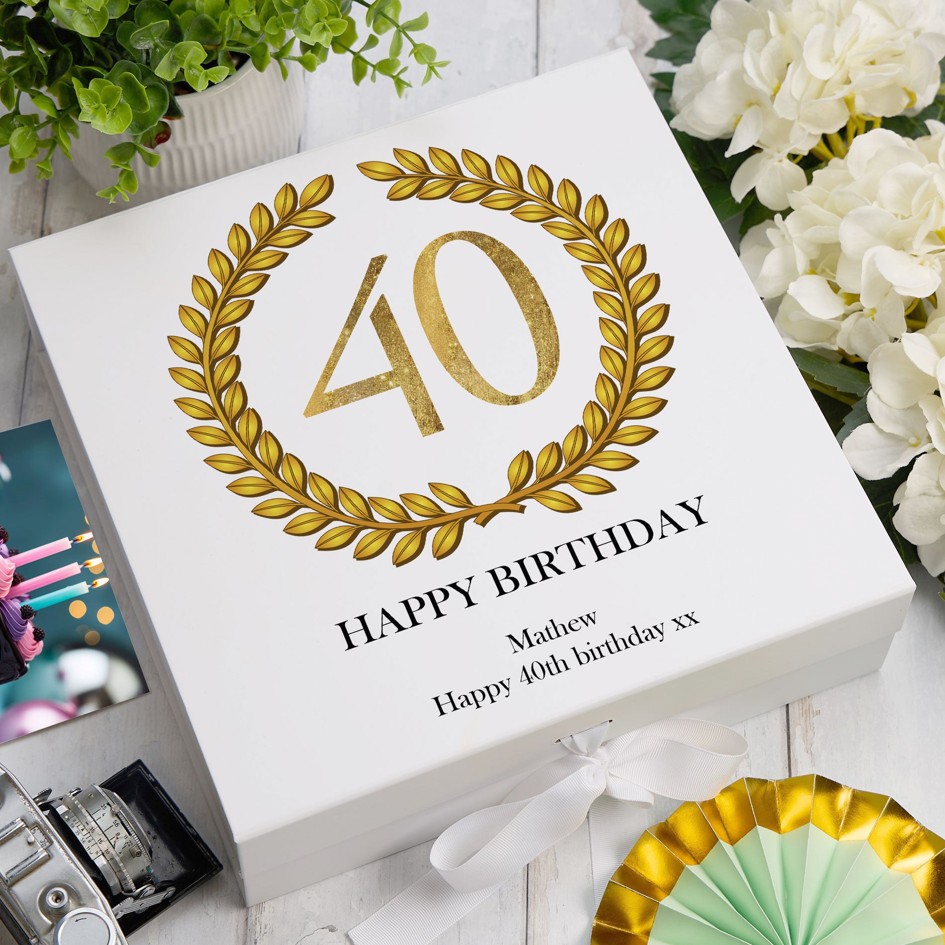 Personalised 40th Birthday Gift for him Keepsake Memory Box Gold Wreath Design