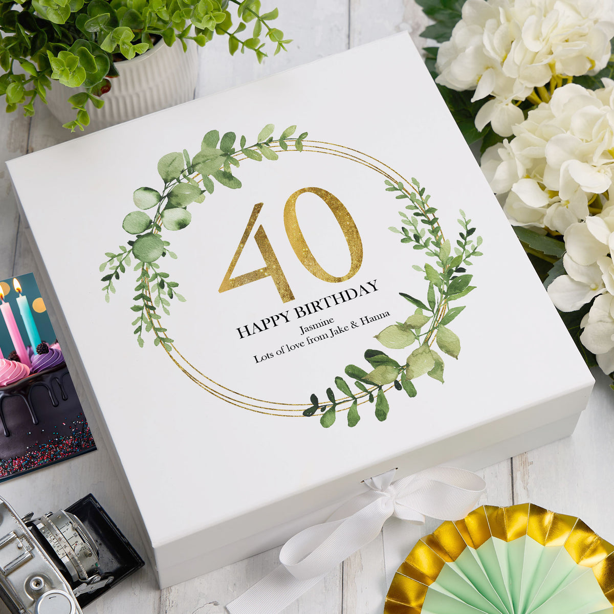 Personalised 40th Birthday Gift for her Keepsake Memory Box Gold Wreath Design