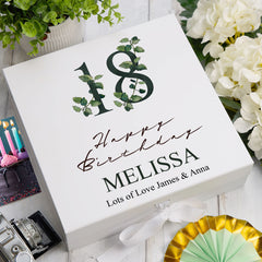 Personalised 18th Birthday Green Leaf Design Keepsake Memory Gift Box.