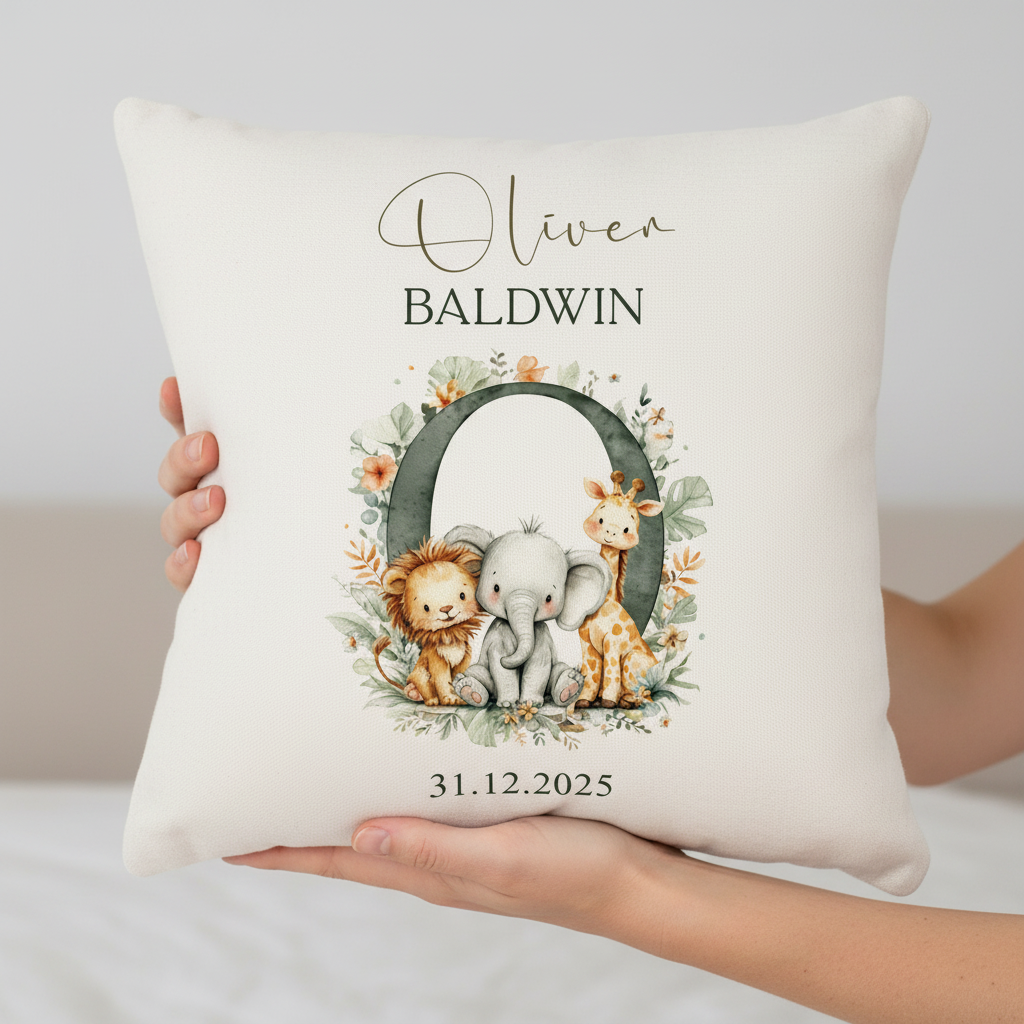 Personalised New Baby Cushion, Safari Animals Alphabet Design, Linen, Custom Pillow Nursery Keepsake Personalised Cushion Gifts ukgiftstoreonline