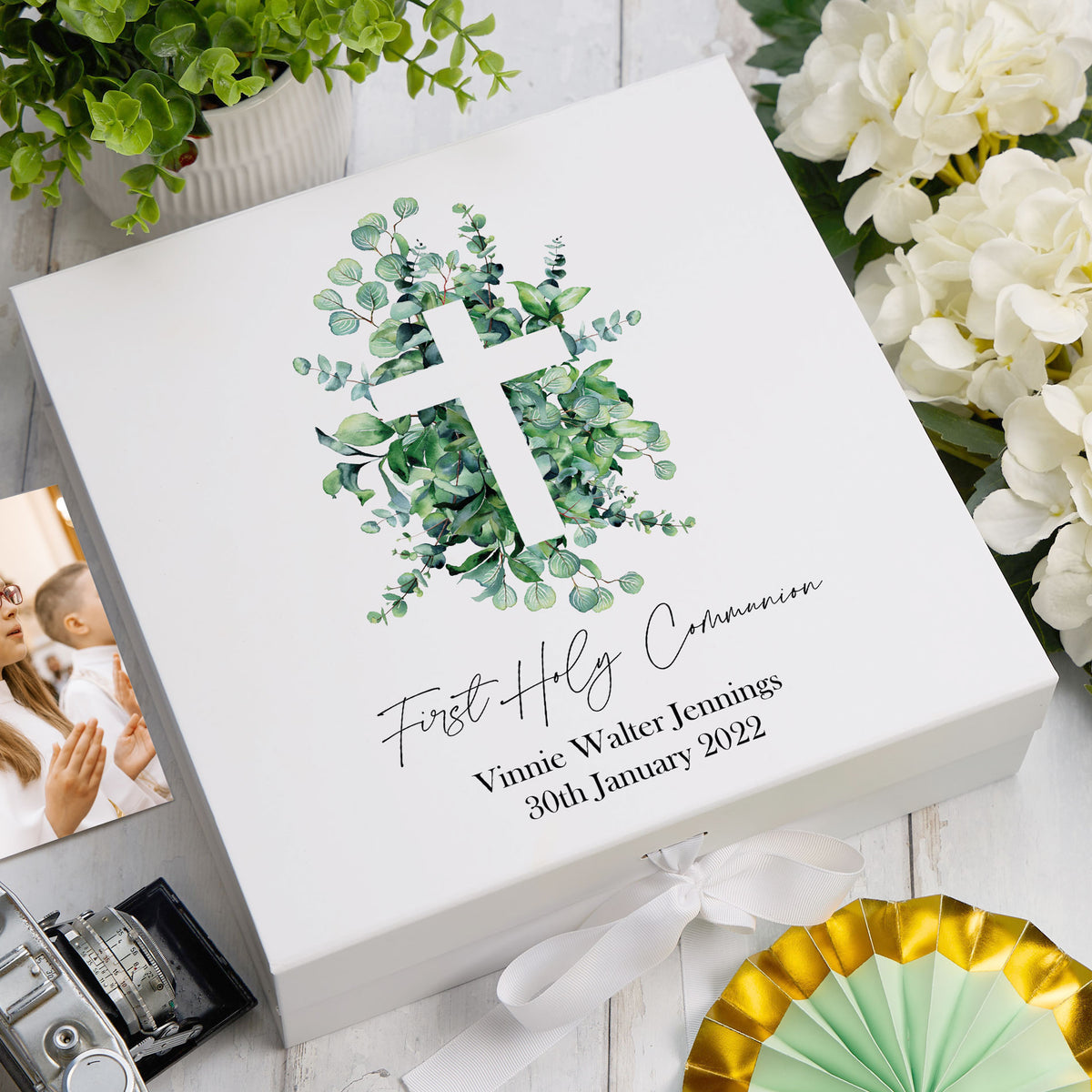 Personalised First Holy Communion Keepsake Box Gift With Cross and Eucalyptus