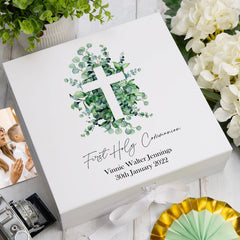 Personalised First Holy Communion Keepsake Box Gift With Cross and Eucalyptus