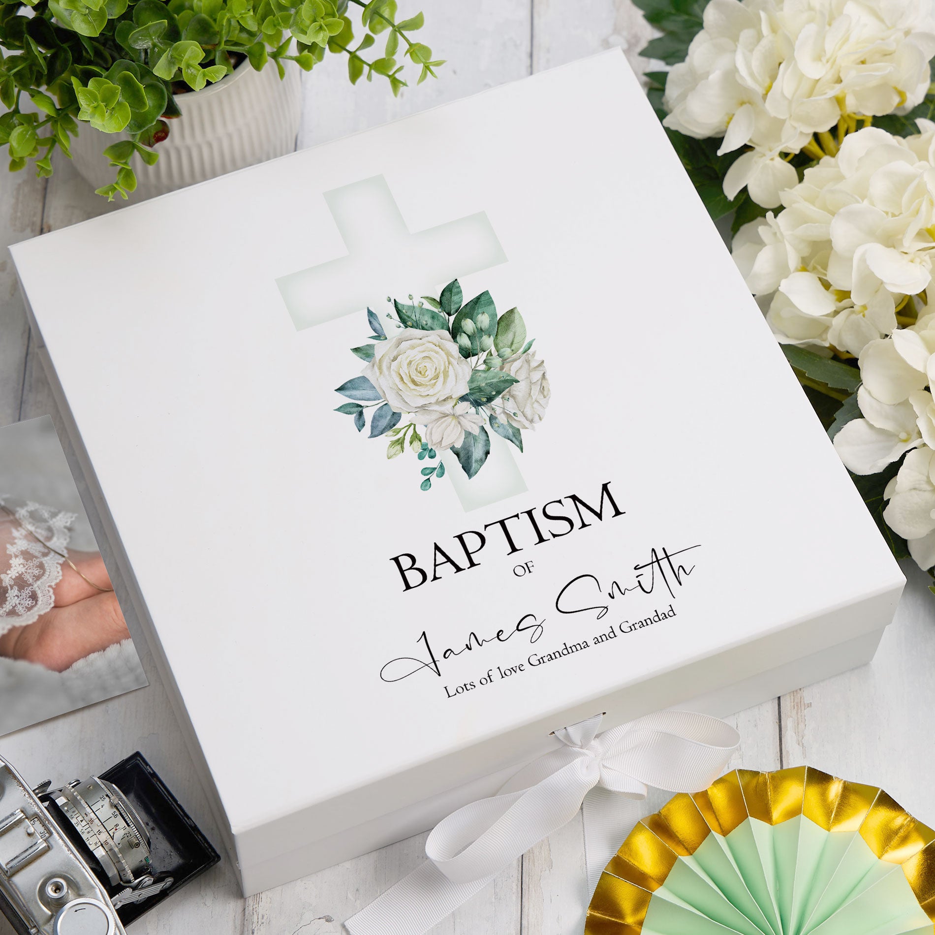 ukgiftstoreonline Personalised Baptism Green Cross Keepsake Memory Box Gift