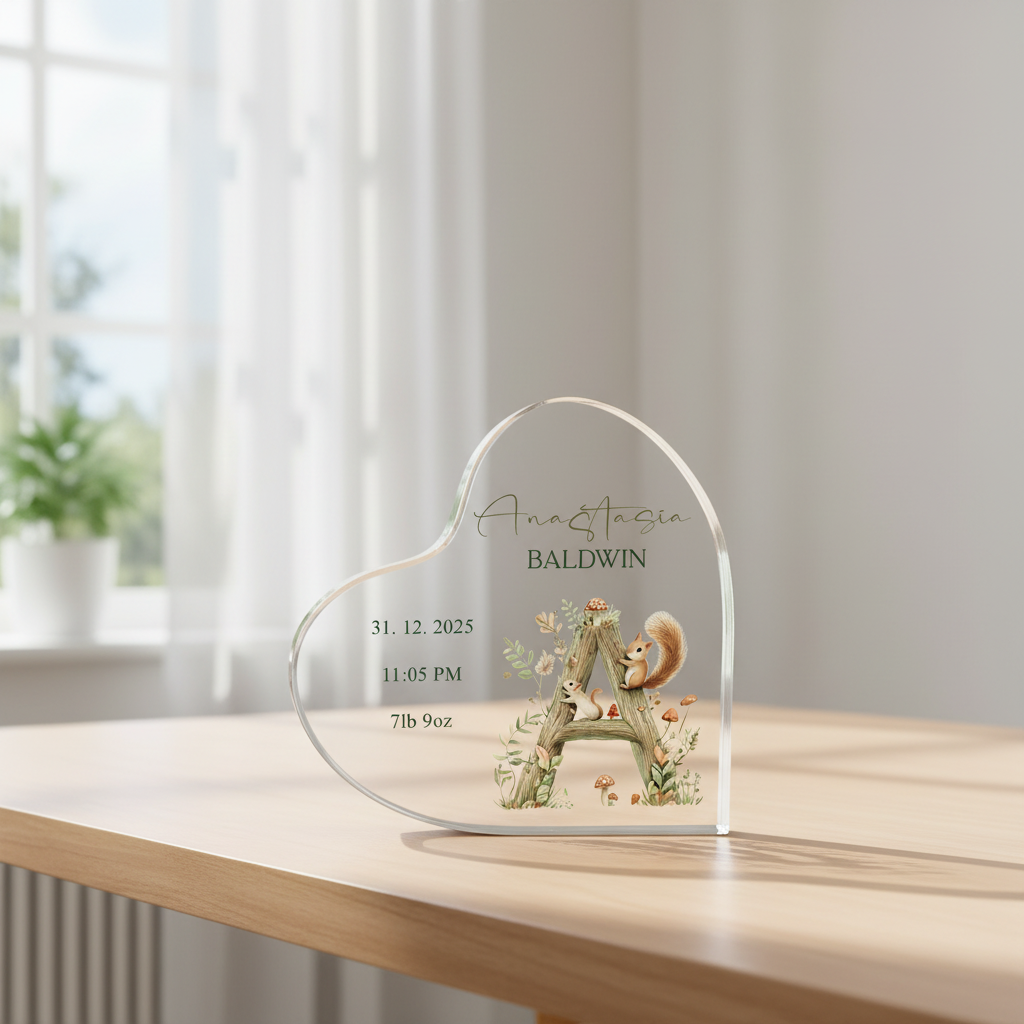Personalised New Baby Gift Heart-Shaped Acrylic Plaque Custom Keepsake Woodland Alphabet Design Acrylic Glass Gift ukgiftstoreonline