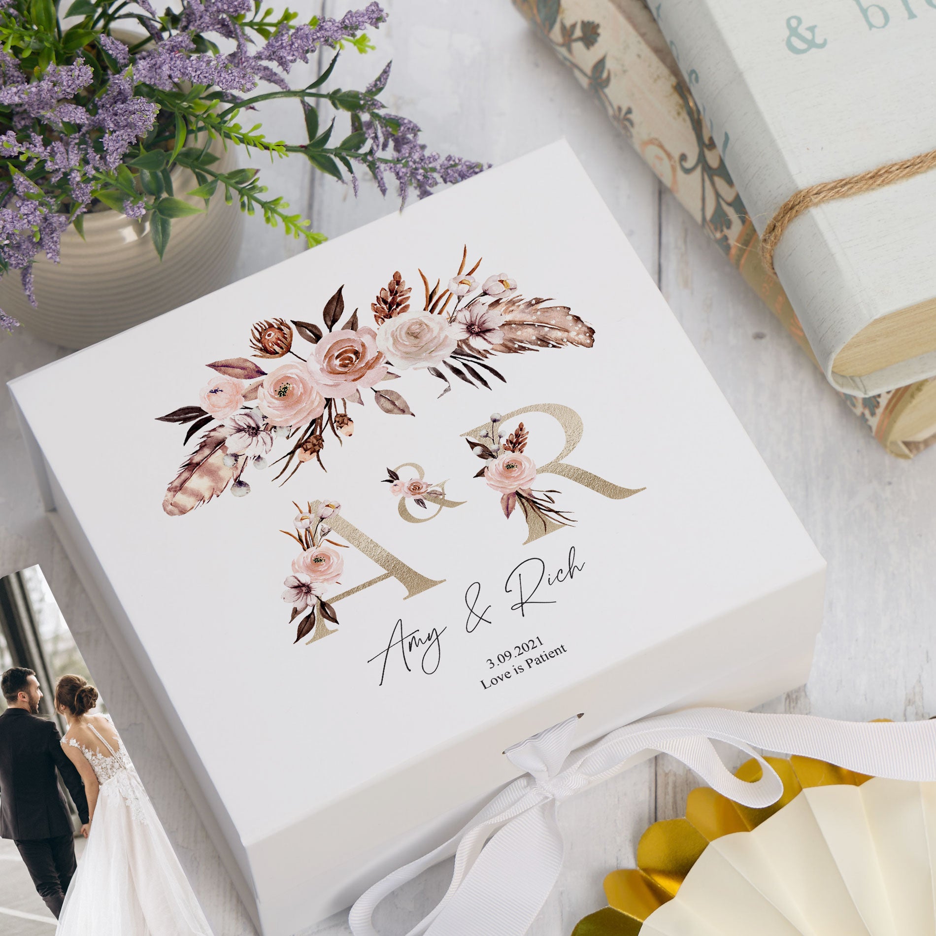 ukgiftstoreonline Personalised Boho Style Golden Text Wedding Keepsake Memory Box Gift