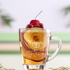 Personalised Engraved Glass Coffee Cup, Tea Cup, Any Name and Flowers