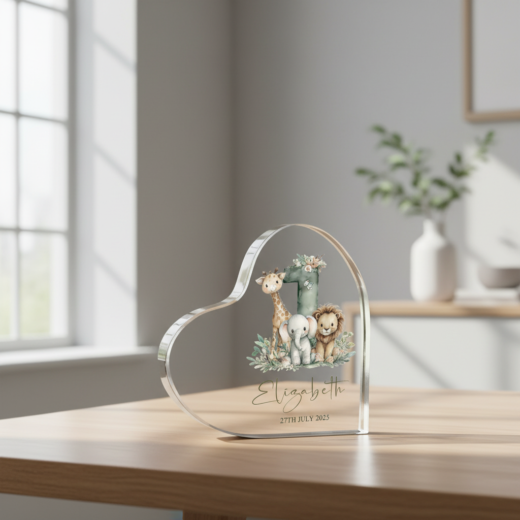 Personalised My First Birthday Baby Gift Heart-Shaped Acrylic Plaque Custom Keepsake Safari Animals Design Acrylic Glass Gift ukgiftstoreonline