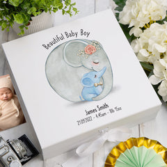 Personalised Beautiful Baby Boy Memory Keepsake Box With Elephants