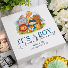 Personalised Baby Boy Cute Jungle animal Themed Keepsake Box Gift