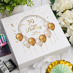 Personalised 30th Birthday Keepsake Box Gift With Gold Balloons