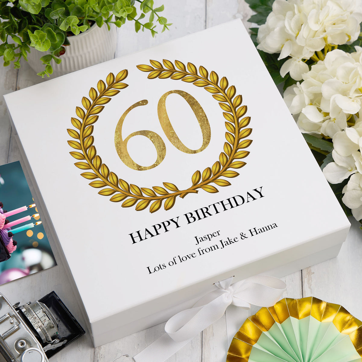 Personalised 60th Birthday Gift for him Keepsake Memory Box Gold Wreath Design