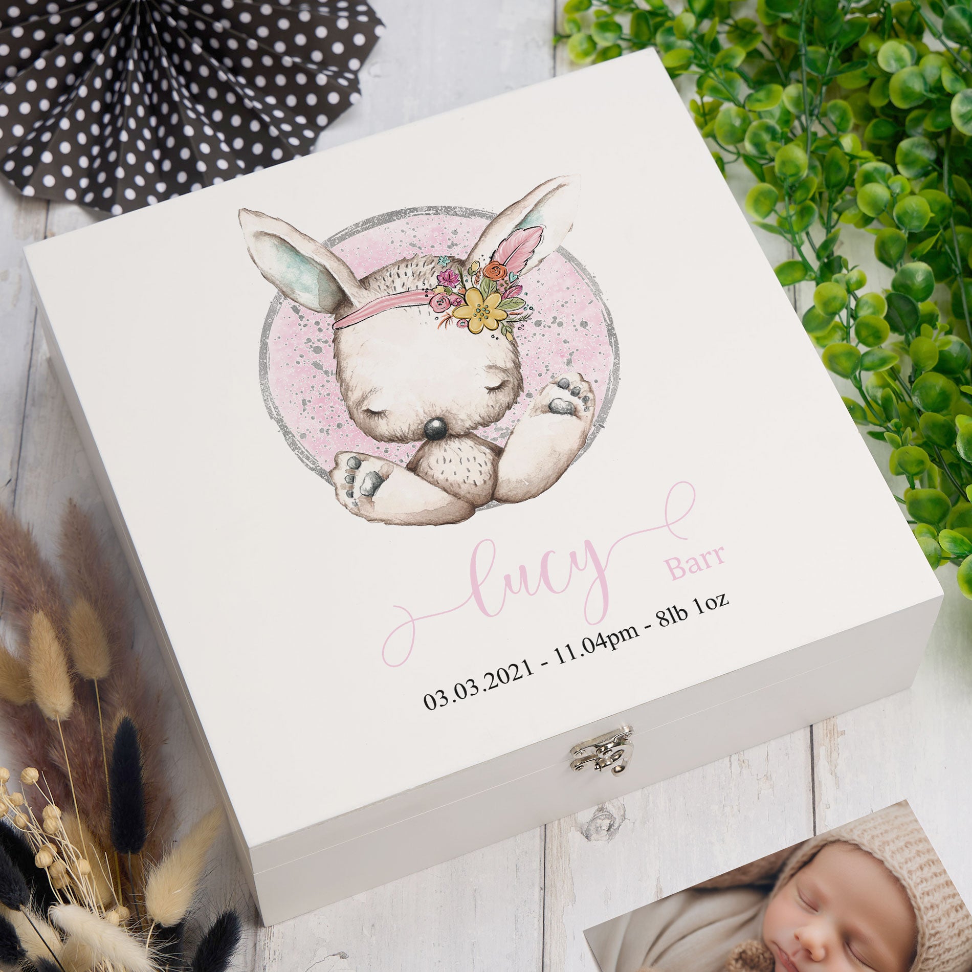 Personalised Baby Girl Gift Keepsake Memory Box Sitting Rabbit