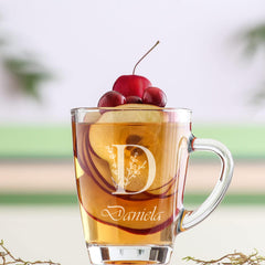 Personalised Engraved Glass Coffee Cup, Tea Cup, Any Name and Leaf Alphabet