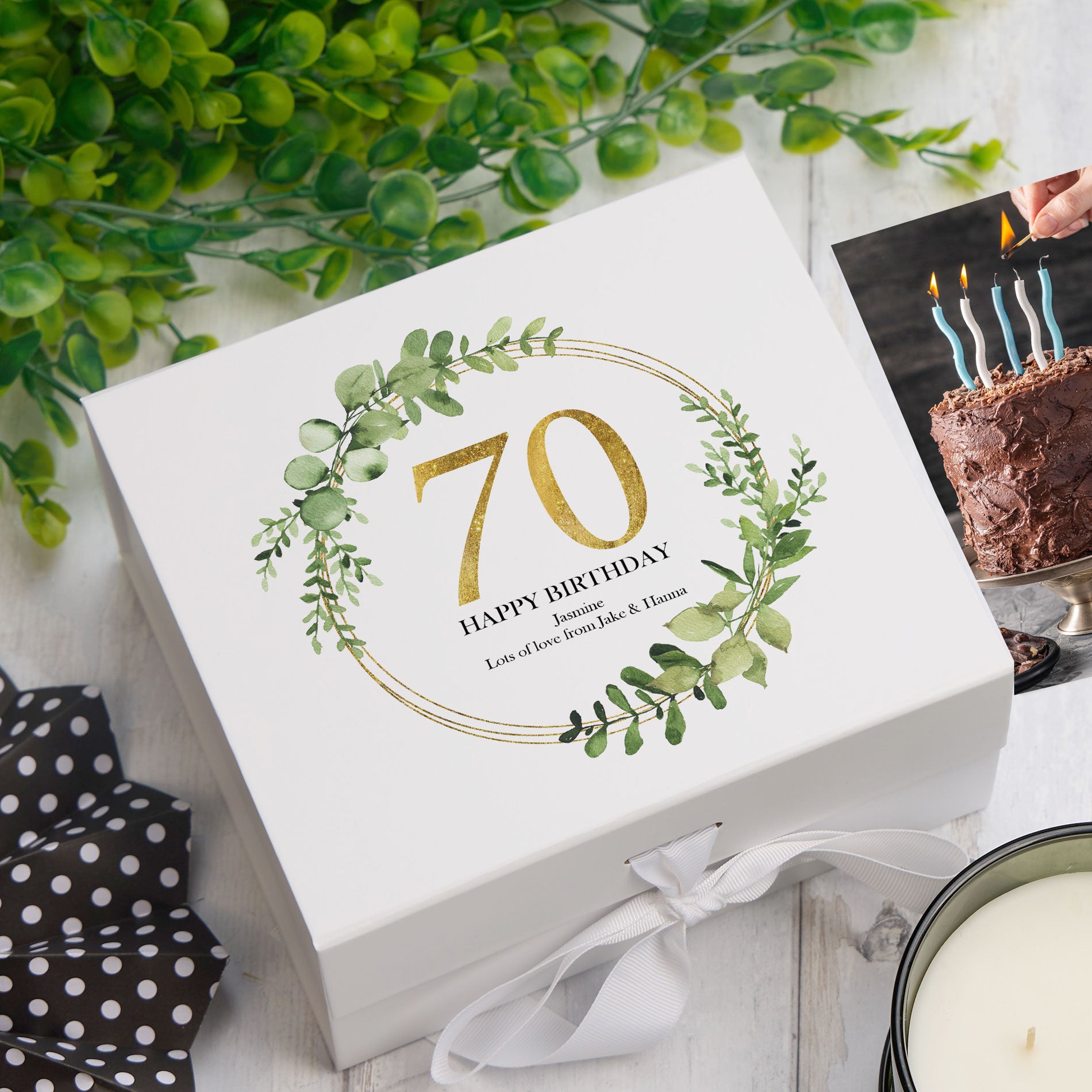 Personalised 70th Birthday Gift for her Keepsake Memory Box Gold Wreath Design