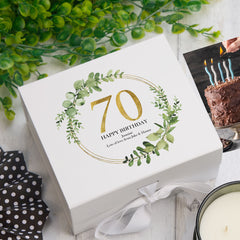 Personalised 70th Birthday Gift for her Keepsake Memory Box Gold Wreath Design