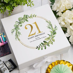Personalised 21st Birthday Gift for her Keepsake Memory Box Gold Wreath Design