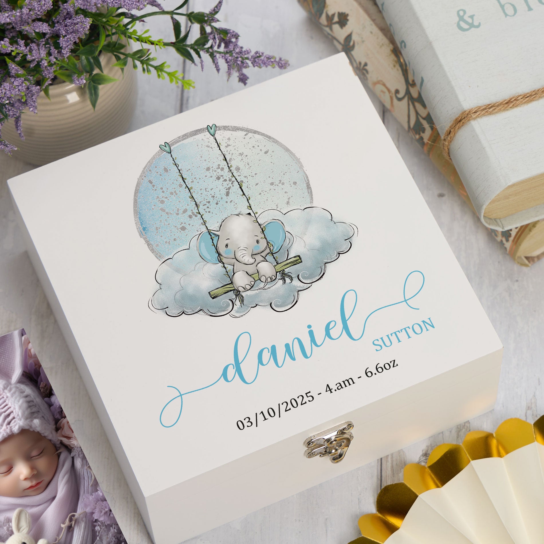 ukgiftstoreonline Personalised Baby Boy Gift Keepsake Memory Box Elephant On Swing