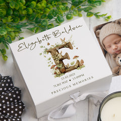 Personalised White Baby Memory Box, Woodland Alphabet Design, Special Baby Keepsake For Photos, Favourite Things and Mementos