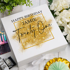 Personalised 21st Birthday Gift Keepsake Memory Box Gold Sparkles Design