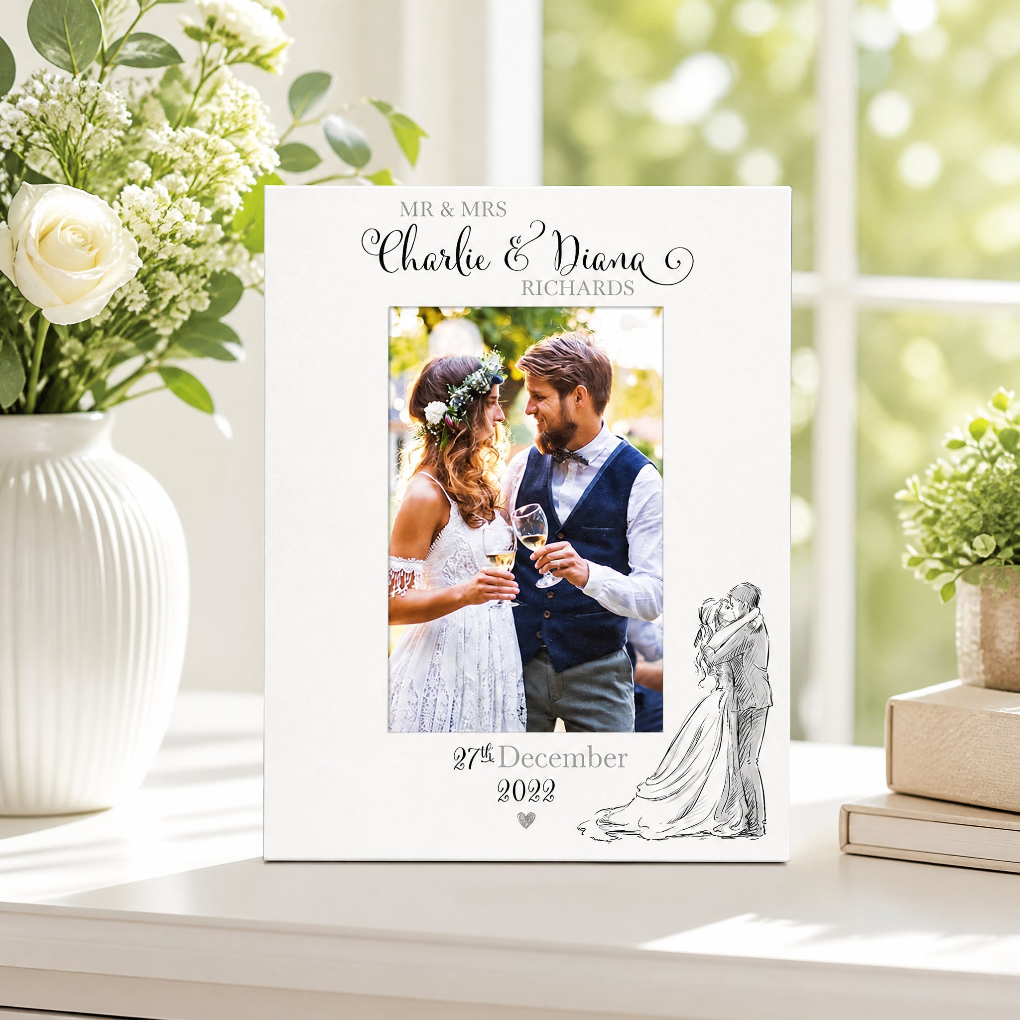 Personalised Wedding Day Wooden Photo Frame Gift With Sketch Couple Photo Frame ukgiftstoreonline