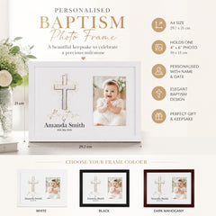 Personalised Baptism Photo Frame, Silver Cross, 6x4 Wooden Keepsake personalised photo frames ukgiftstoreonline
