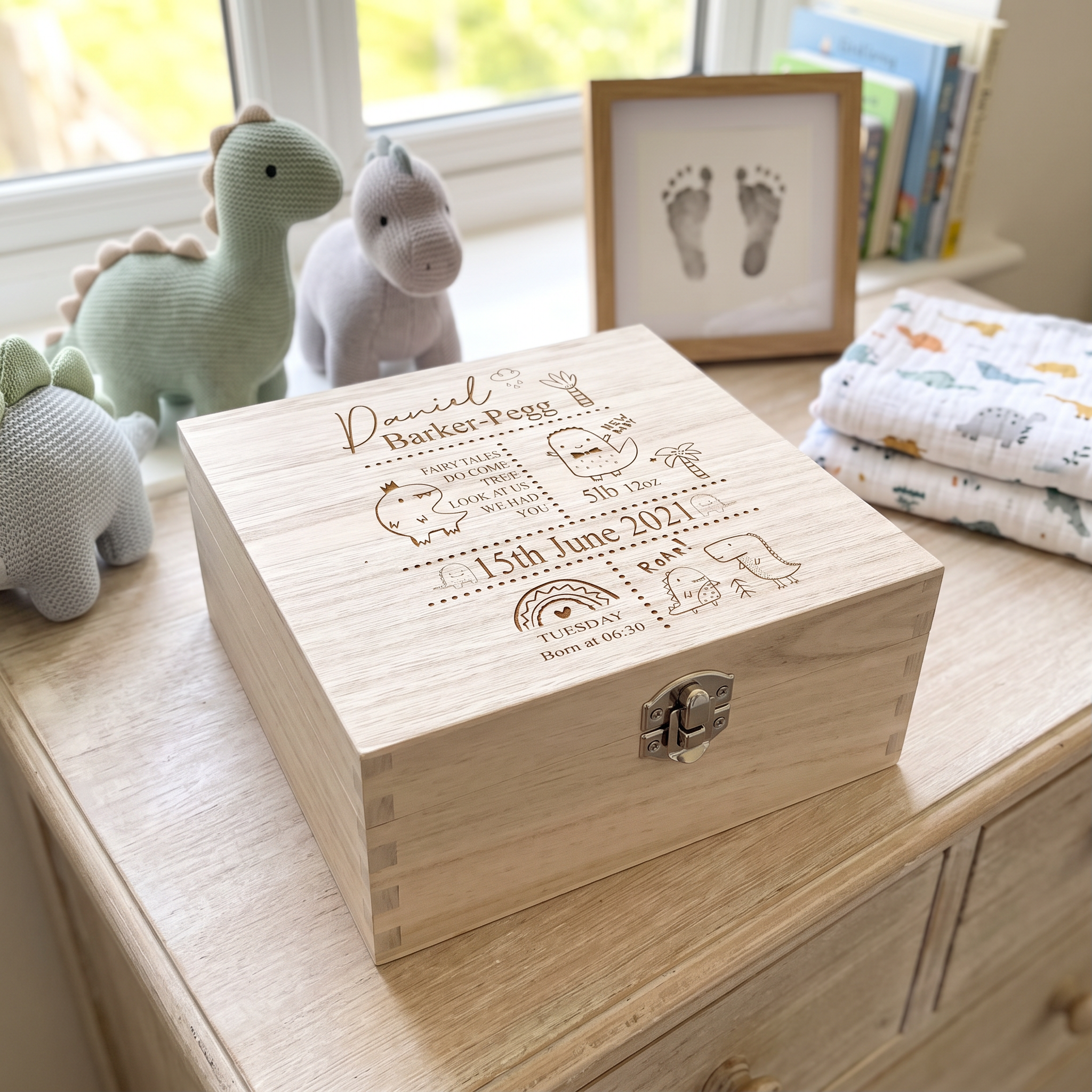 Personalised baby Memory Box Gift With birth Details Dinosaur Design Personalised baby gifts ukgiftstoreonline