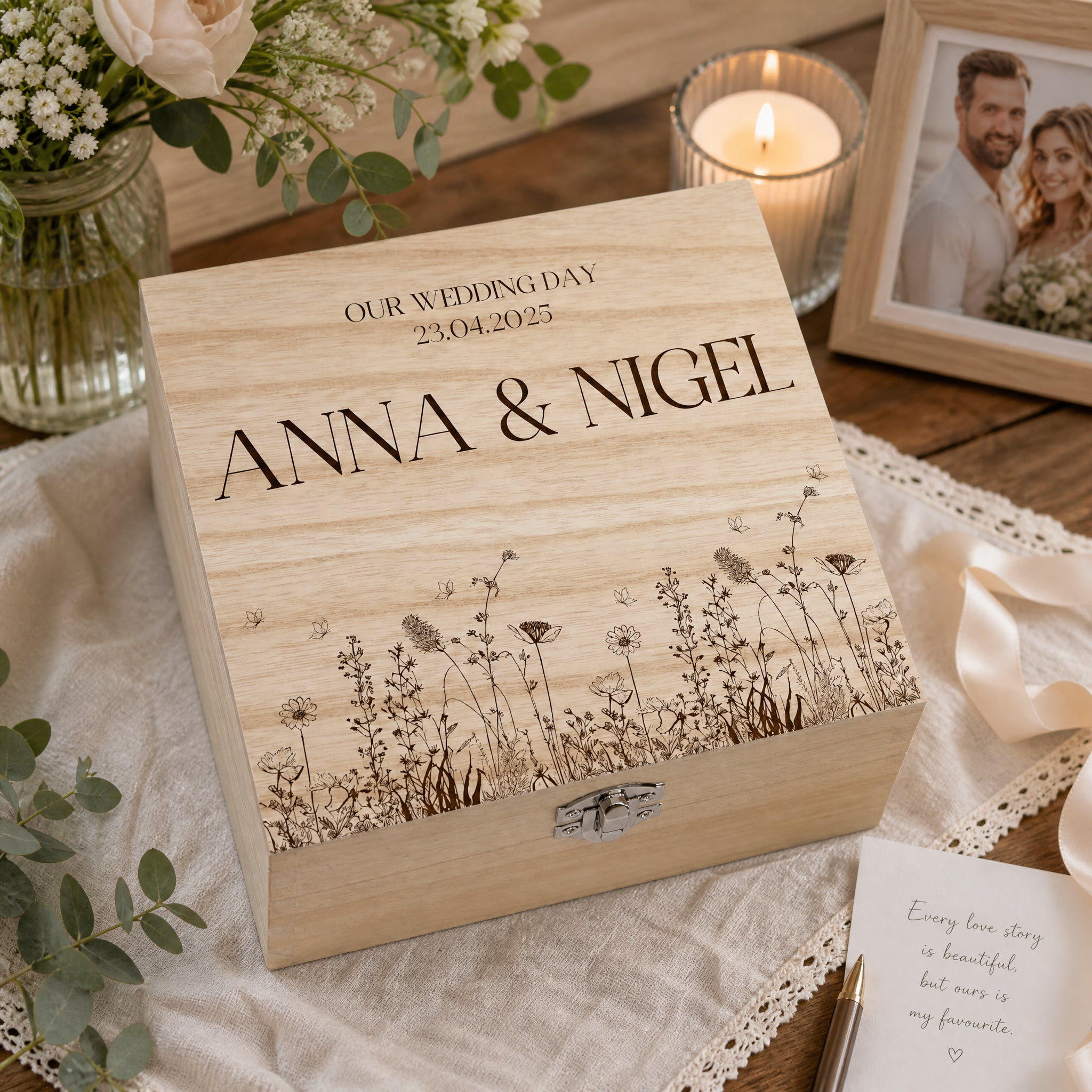 Personalised Wedding Memory Keepsake Box Gift With Wildflower Design Keepsake Memory Box ukgiftstoreonline
