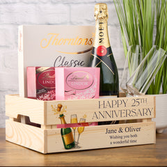 Personalised 25th Anniversary Crate Box Gift For Couple With Champagne Design