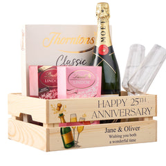 Personalised 25th Anniversary Crate Box Gift For Couple With Champagne Design
