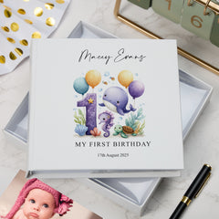 Personalised 1st birthday photo Album Boy or Girl Sea Mammals Theme In Gift Box