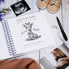 Personalised Baby's First Year Keepsake Journal Milestones and Memories With Cute Giraffe