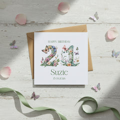 Personalised Luxury Linen 21st Birthday Card, Daughter Granddaughter Sister Niece Friend, Twenty First Birthday, Gift Floral Numbers Personalised Cards ukgiftstoreonline