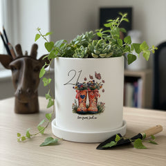 Personalised 21st Birthday Plant Pot – Floral Pink Boots Design With Matching Tray ukgiftstoreonline