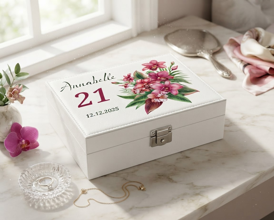 Personalised Beautiful 21st Birthday Jewellery Box Orchid Flower Design Special Birthday Gift Personalised Jewellery Box ukgiftstoreonline