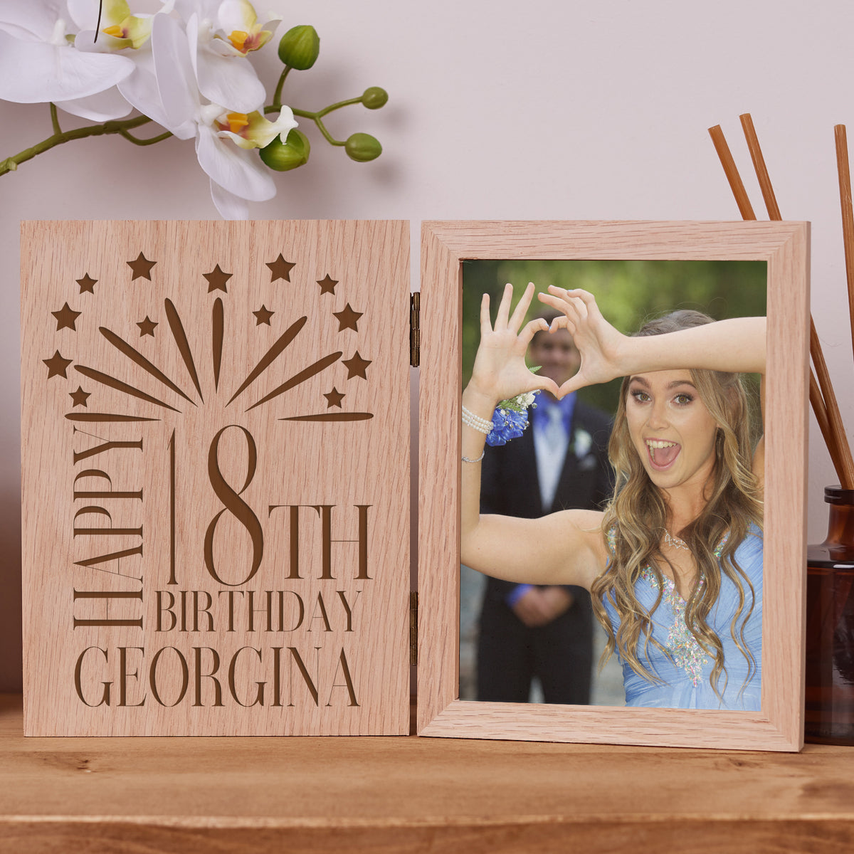 Personalised Any Age Birthday Book Photo Frame Solid Oak Wood Gift