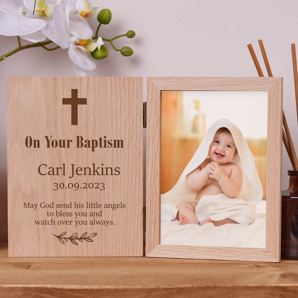 Personalised Baptism Day Book Photo Frame Solid Oak Wood Gift