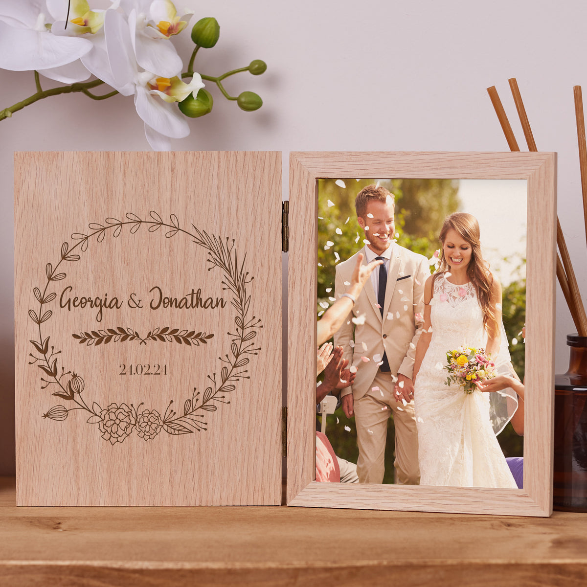Personalised Wedding Day Book Photo Frame Solid Oak Wood Gift