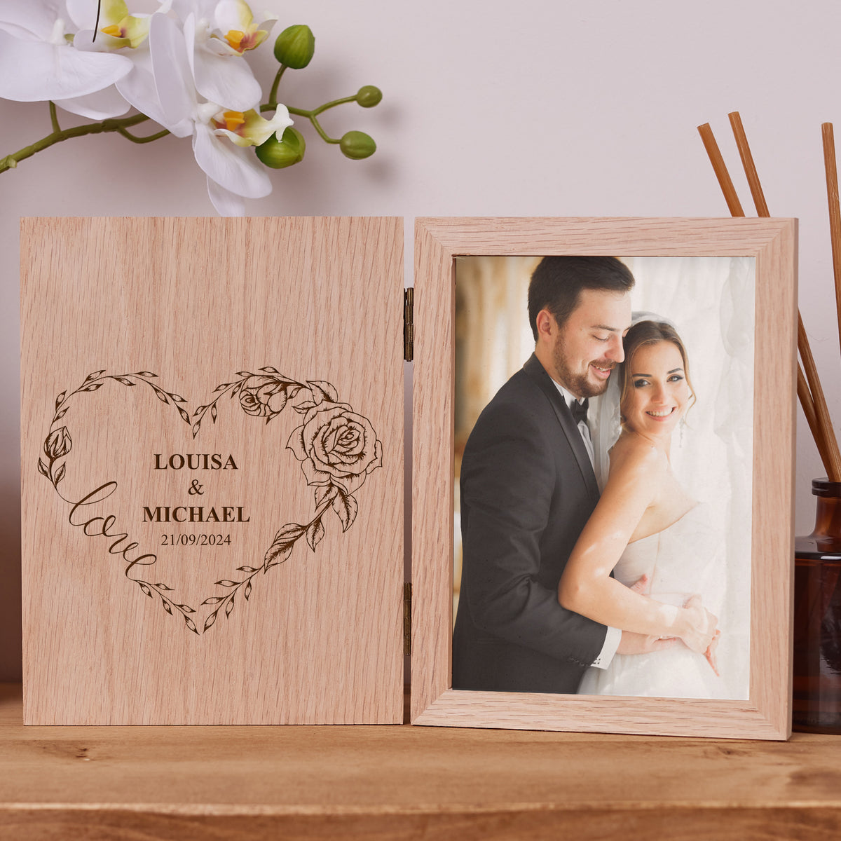Personalised Wedding Or Anniversary Book Photo Frame Solid Oak Wood Gift With Love Wreath