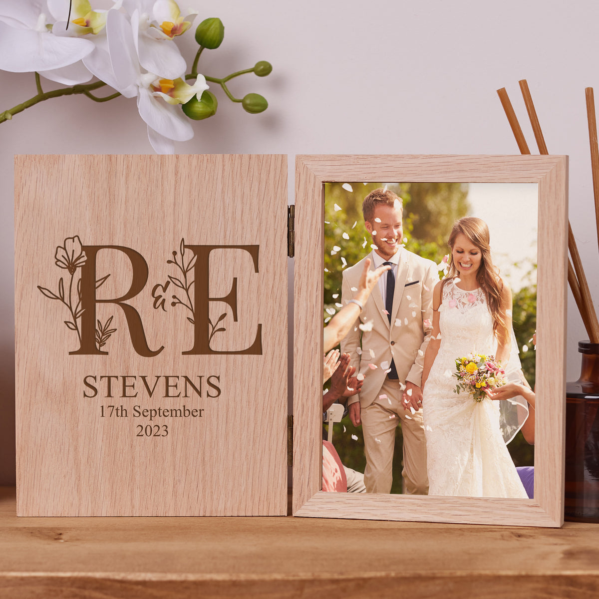 Personalised Floral Wedding Day Book Photo Frame Solid Oak Wood Gift
