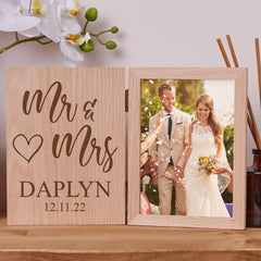 Personalised Mr and Mrs Wedding Day Book Photo Frame Solid Oak Wood Gift