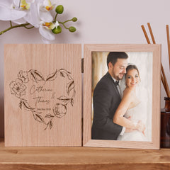 Personalised Wedding Or Anniversary Book Photo Frame Solid Oak Wood Gift With Heart Wreath