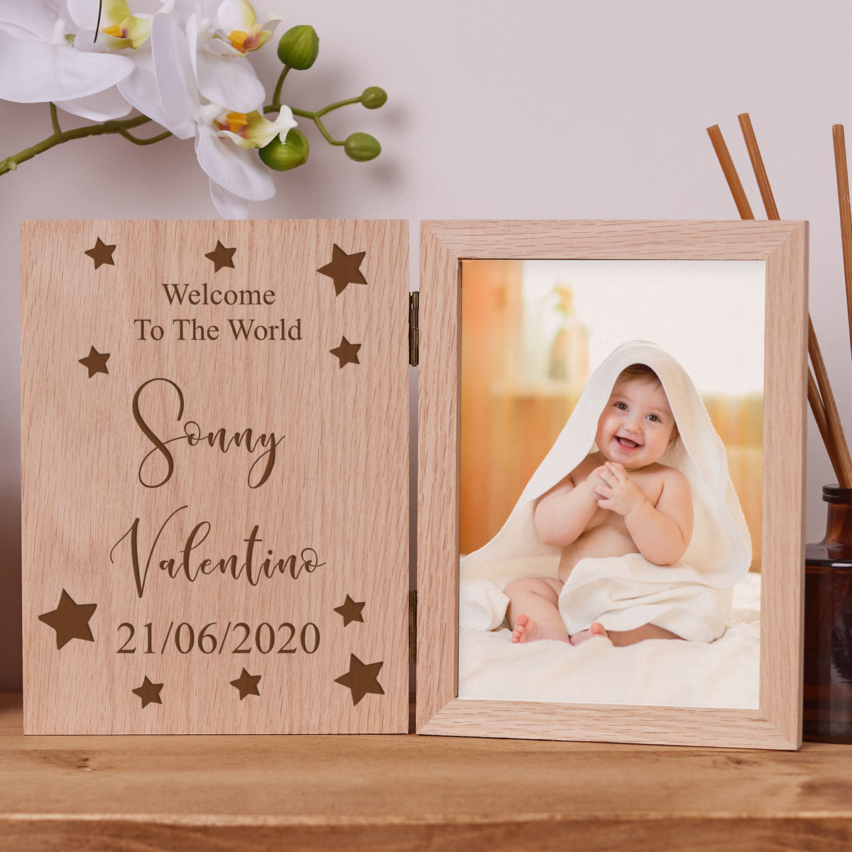 Personalised Welcome To The World Baby Book Photo Frame Solid Oak