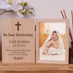 Personalised Christening Day Book Photo Frame Solid Oak Wood Gift