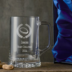 Personalised 1 Pint Rugby Ball Beer Glass Tankard In Silk Lined Gift Box