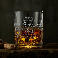 Personalised Gift for Retirement Crystal Cut Whiskey Glass With name and Sentiment