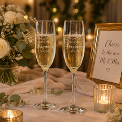 Personalised Engraved Wedding Champagne Glasses Set With Ring Emblem Personalised Champagne Glasses ukgiftstoreonline