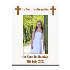 White Engraved Personalised Confirmation Day Picture Photo Frame With Cross