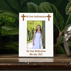 White Engraved Personalised Confirmation Day Picture Photo Frame With Cross